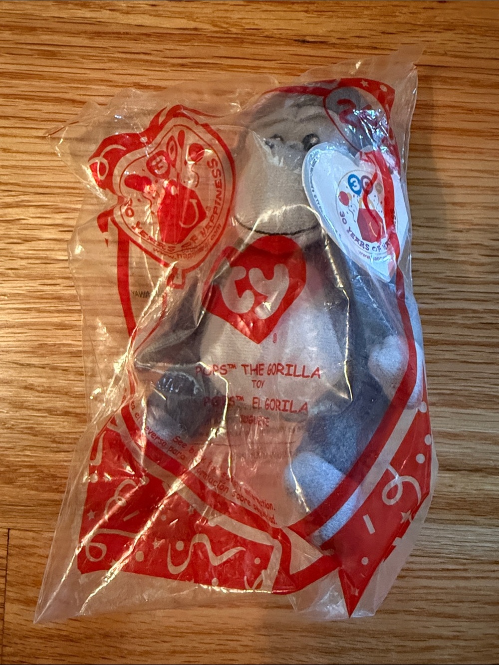 Ty Pops the Gorilla Plush — Gray & White Beanie Baby in Sealed Bag
